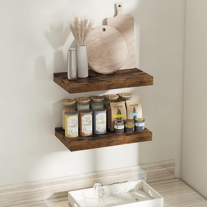 12 Inch Deep Floating Shelves for Wall, 20 x 12 Rustic Wood Grain Bathroom Shelves with Invisible Brackets, Easy Install Wood Storage Shelves for Kitchen, Living Room, Bedroom, Rustic Brown, Set of 2