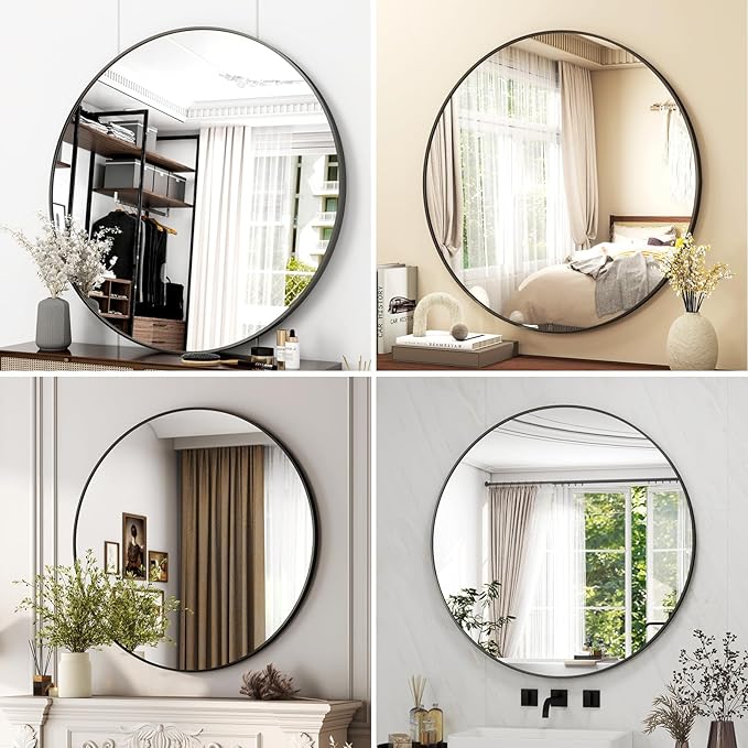 32 Inch Round Bathroom Mirror - Black Wall Mounted Circle Mirror with Metal Frame, Modern Round Hanging Mirror Suitable for Bathroom, Vanity, Entryway, Living Room