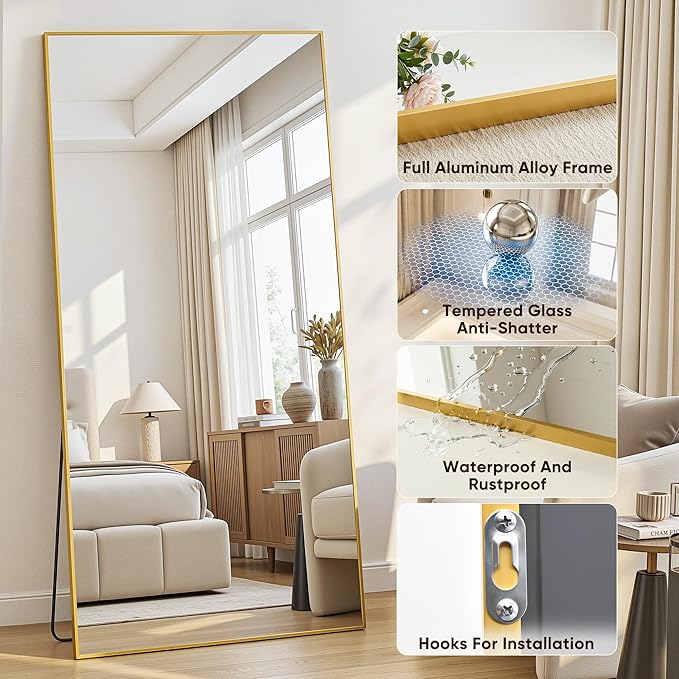 Antok Full Length Mirror, 58"x21" Floor Mirror with Stand, Hanging Mounted Mirrors for Bedroom, Living Room, Cloakroom, Dining Room, Gold, Rect