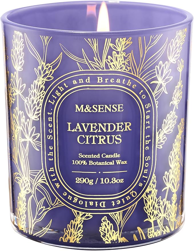 M&SENSE Lavender Citrus Scented Candle, Non Toxic Soy Wax Clean Burn, 55 Hours Long Burning 10.3oz, Stress Relief Fresh Home Fragrance Gift Ready Decor, Housewarming Gifts for Women