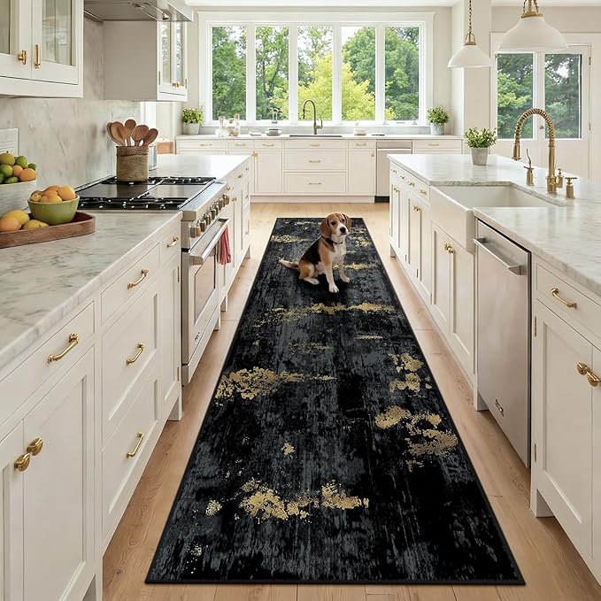 RELEANY Washable Area Rugs 2'6"x10 Non-Slip Modern Abstract Soft for Living Room Entryway Bedroom Nursery, Print Pattern, Dark Black Gold