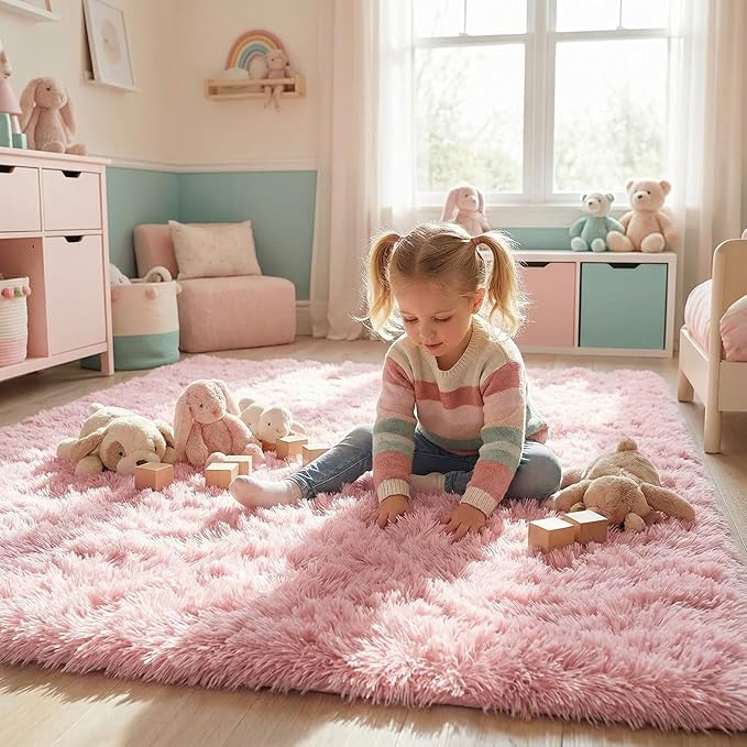 Pink Area Rugs for Bedroom Living Room, 5x8 Aesthetic Room Decor for Teen Girls, Soft Fluffy Cute Rug for Kids Room, Classroom, Fuzzy Shag Kawaii Carpet for Playroom, Baby Nursery, Plush Throw Rug