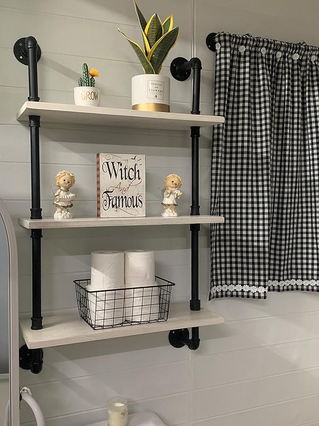 HDDFER White Floating Shelves 24 inch Pipe Wall Shelves Bathroom Shelves Over Toilet with Wood Planks Industrial Pipe Floating Shelves Farmhouse Bathroom Pipe Shelves Wall Mounted