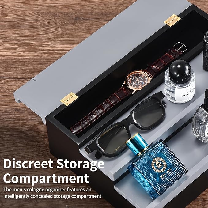 Perfume Organizer for Men, 3 Tier Wood Perfume Display Stand with Velvet Lining Drawer and Hidden Compartment for Watch,Jewelry,Perfume Display Risers,A Gift for Men (Black+Gray)