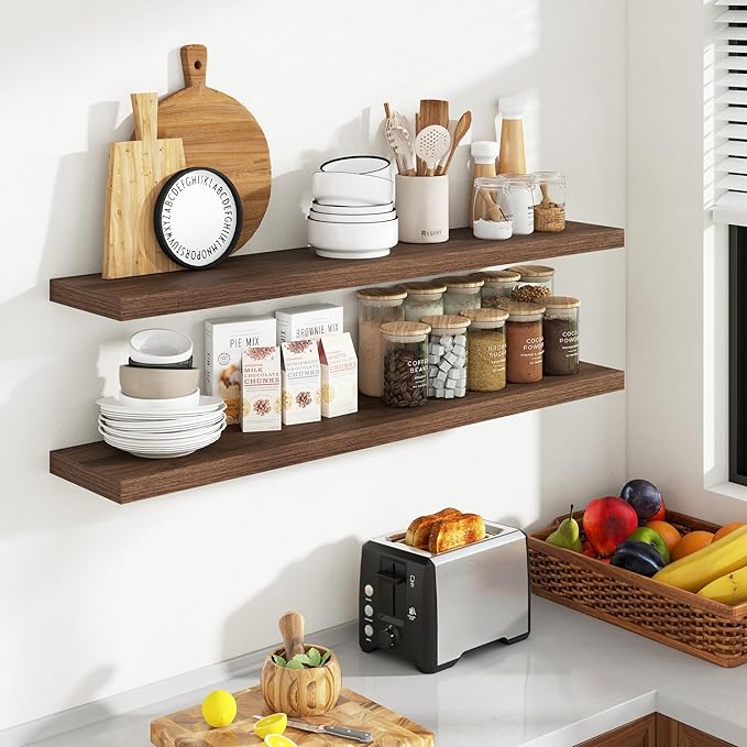 Acovy 48 Inch Floating Shelves, 8 Inch Deep Floating Shelves for Wall, Hanging Shelf with Invisible Brackets, Deep Shelves for Bathroom, Bedroom, Living Room, Walnut, Set of 2