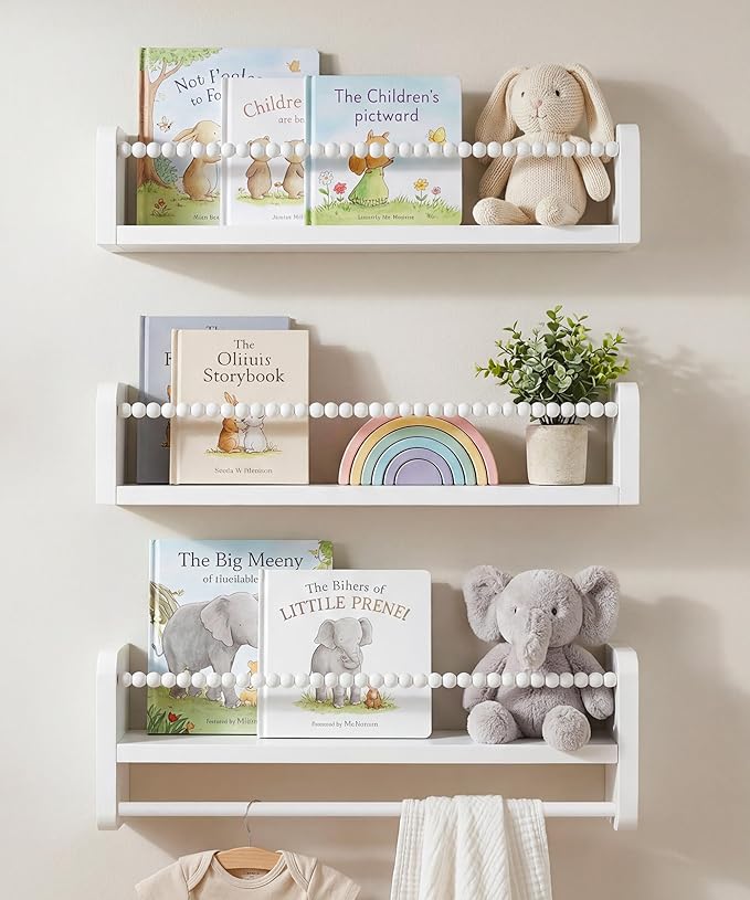 Nursery Book Shelves for Wall Set of 3, White Natural Wood Bookshelf Wall Decor, Small Floating Shelf Organizer for Kids Room, Bedroom, Kitchen Spice Rack