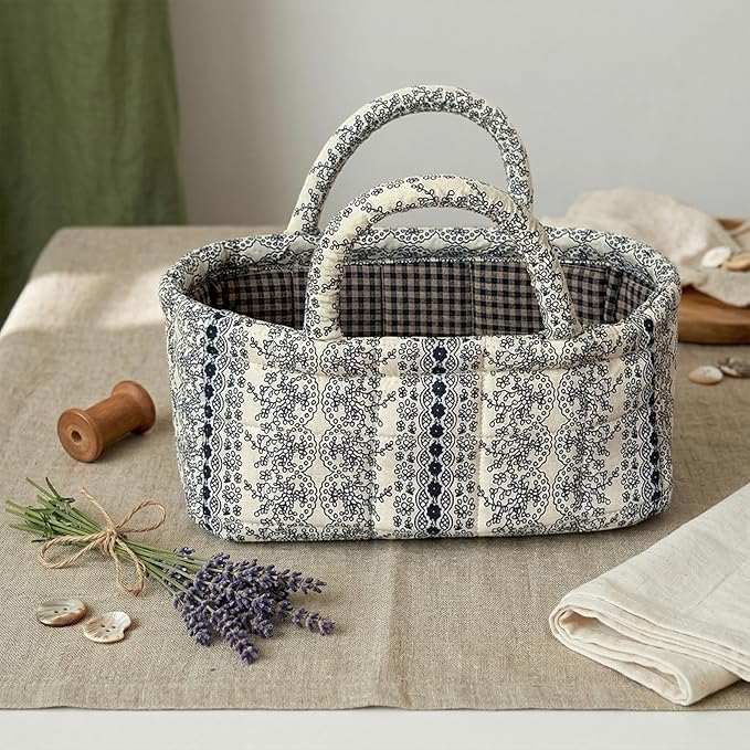 Small Floral Storage Bins with Cotton Handles – Collapsible Boho Fabric Storage Basket for Drawers, Shelves & Desktop