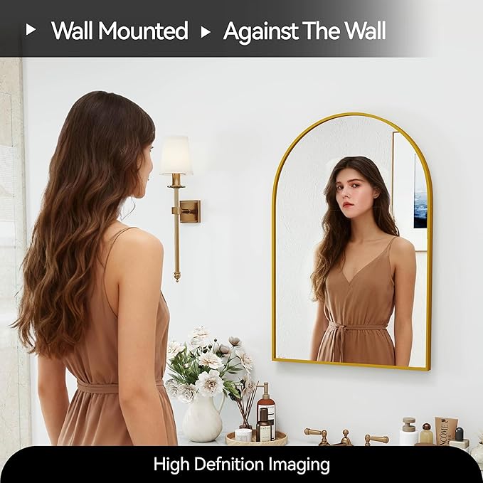 SCWF-GZ 30x20 Arch Mirror Rectangle Wall Mounted Hanging or Against Wall Metal Aluminum Alloy Frame Mirrors for Entryway Bedroom Bathroom Living Room 30 20 inch Gold