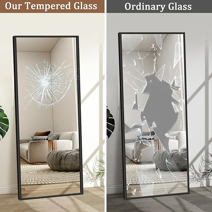 GlasFlength Full Length Mirror with Stand, 64"x21" Full Body Mirror with Aluminum Alloy Frame, Wall-Mounted/Leaning Against Wall/Standing Floor Mirror for Bedroom, Living Room, and Entryway