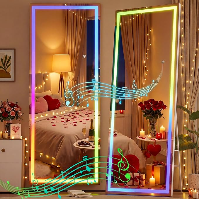 Hasipu 71"x24" LED RGB Bluetooth Full Length Mirror with Lights, Full Body Mirror with Stand, Wall Mount & Free Standing Floor Mirror for Bedroom Living Room Cloakroom, 7 Color & Brightness Adjustable