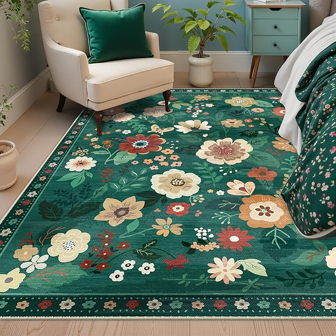 RELEANY Floral Nursery 5x7 Area Rugs Washable Print Boho Cute Carpet Non Slip Flower Low Pile for Living Room Kids Girls Playroom Bedroom Kitchen Office Farmhouse-Dark Green