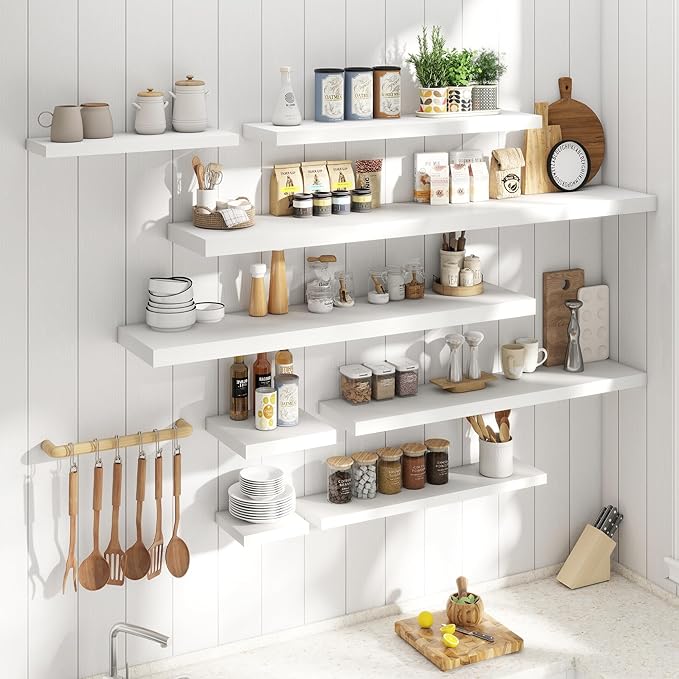 55 Inch Floating Shelves for Wall with Invisible Brackets Set of 2, 12"D Engineered Wood Wall Shelves with Wood Grain for Living Room, Bedroom, Bathroom, Kitchen Decor and Storage, White Finish