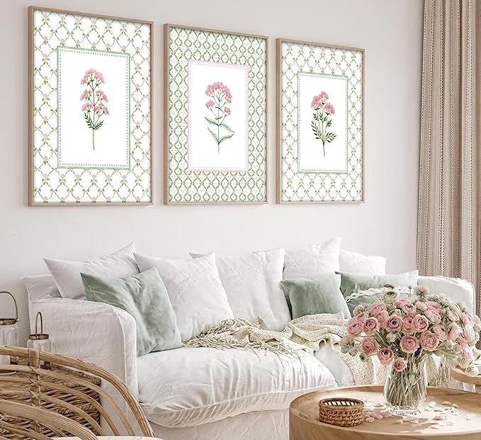 3PCS Green Plaid Pink Floral Wall Art Wildflower Baby Room Painting Picture Wall Decor Botanical Flower Boho Poster Print Artwork for Bedroom living room baby room children's room dining room Home Decoration
