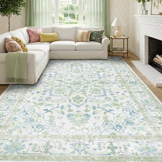 CAPALOCA Machine Washable Rugs Nursery Rug 9x12 Cute Girl Non Slip Low Pile Water Repellent Soft Print Pattern for Bedroom Indoor Decor Kids Playroom Green Blue