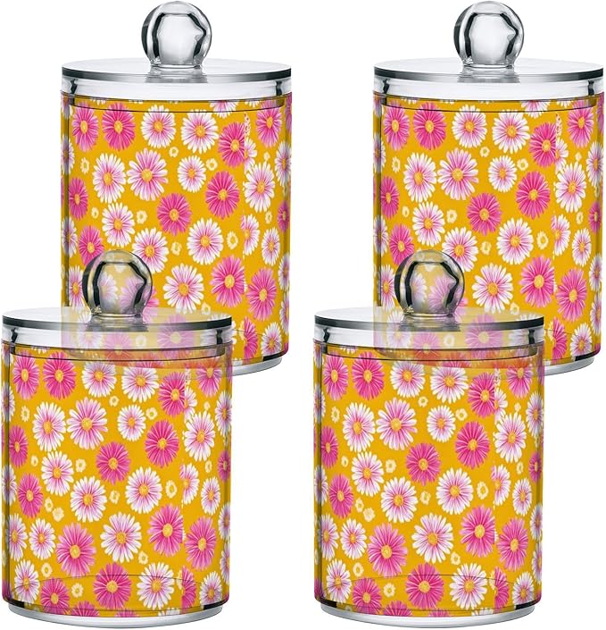 2 Pack Apothecary Jars Small Daisies in Pink Bathroom Vanity Storage Organizer Set,Small Clear Plastic Storage Jars Bathroom Canister for Cotton Swabs, Rounds, Balls, Qtips,Makeup Sponges, Flos