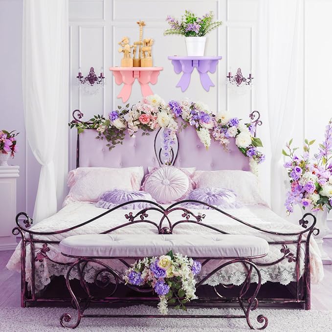 Pinkunn 2 Pcs Bow Floating Shelves Kawaii Shelf Book Stand Farmhouse Rustic Corner Wall Shelf Wooden Bow Tie Rack Princess Room Decor for Nursery Home Bedroom Office Wall Decor(Pink,Purple)