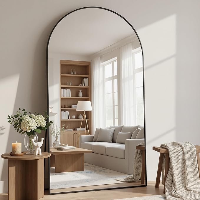 Full Length Mirror, 76"x44" Arched Floor Mirror Freestanding, Floor Standing Full Body Mirror with Stand for Bedroom, Hanging Mounted for Living Room Cloakroom, Black