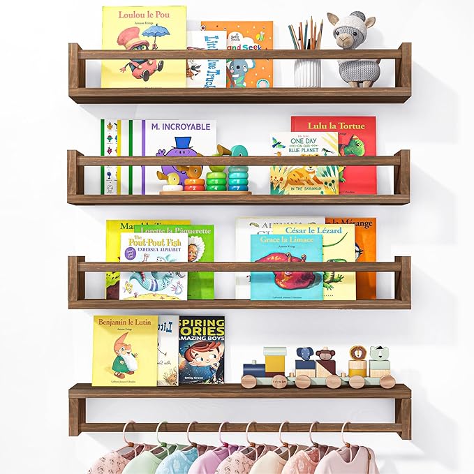 Fixwal Nursery Book Shelves, 23.6 Inch Floating Bookshelves for Wall Set of 4, Baby Nursery & Playroom Decor, Solid Wood Wall Mounted Shelves for Books and Toys Storage (Brown)