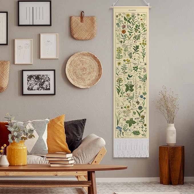 Tegeme Vintage Tapestry 52 x 13 Inch, Long Vertical Wall Hanging Reference Illustrative Botanical Tassel Tapestry for Bedroom Living Room Home Decoration(Plants)