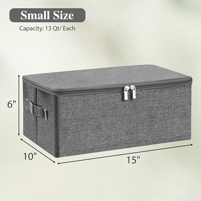 ANMINY 2PCS Storage Bins with Zipper Lids 13 Qt Lidded Fabric Storage Boxes Baskets Cubes with Handles Collapsible Washable Cotton Linen Closet Shelf Clothes Organizer Containers - Gray, Small