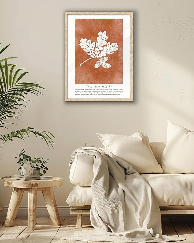 EcoHest Vintage Christian Fall Framed Wall Art, 12x16 in OAK Wood Burnt Orange Bible Verse Canvas Wall Art,Botanical Scripture Colossians Faith Home Decor, Set of 1 for Bedroom Living Room