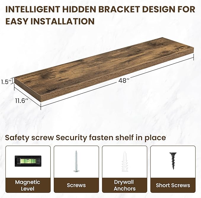 Acovy 48 Inch Floating Shelves, 12 Inch Deep Floating Shelves for Wall, Floating Shelf with Invisible Brackets, Deep Wall Shelves for Bathroom, Bedroom, Living Room, 1 Pack, Brown