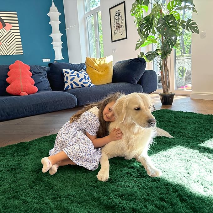 OLANLY 2x4 Machine Washable Runner Rugs for Hallway, Soft Fluffy Shaggy Bedside Rugs for Bedroom, Living Room, Indoor Floor Carpet for Kids Girls Boys, Nursery Rooms, Home Decor Aesthetic, Dark Green