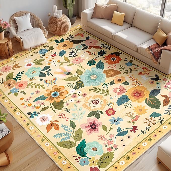 RELEANY Floral Nursery 8x10 Area Rugs Washable Print Boho Cute Carpet Non Slip Flower Low Pile for Living Room Kids Girls Playroom Bedroom Kitchen Office Farmhouse-Ivory/Yellow