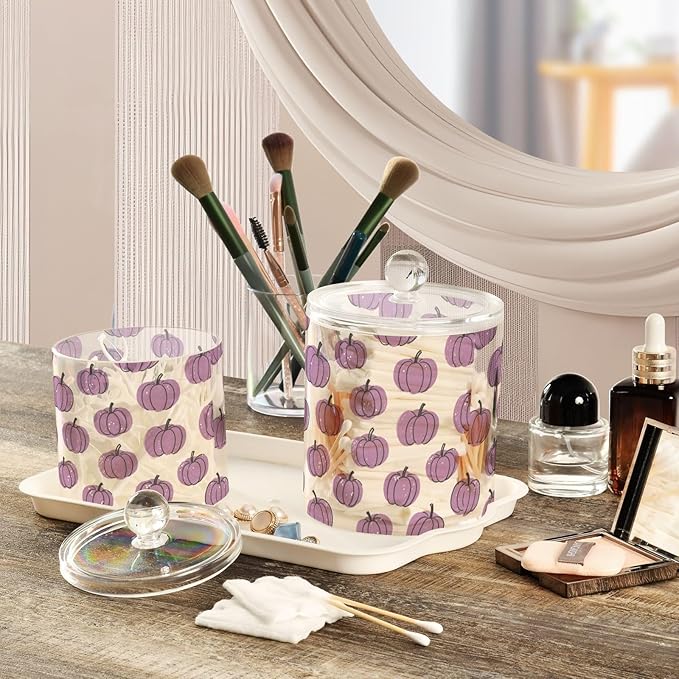 Fake Sequins Pumpkin Lavender Autumn Clear Plastic Makeup Organizer Storage with lid Pantry Essentials Decorative small storage bins for Cotton Swabs,Cotton Pads,Floss Picks,Paper Clips,Hair