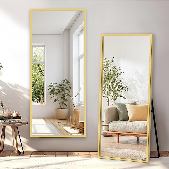 GlasFlength Full Length Mirror with Stand, 64"x21" Full Body Mirror with Aluminum Alloy Frame, Wall-Mounted/Leaning Against Wall/Standing Floor Mirror for Bedroom, Living Room, and Entryway