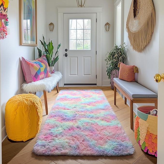Amdrebio Rainbow 2x6 Runner Area Rugs for Girls Bedroom Kids Room Decor, Pastel Colorful Bedside Rug for Nursery, Cute Unicorn Shaggy Rug for Baby Princess, Kawaii Fluffy Plush Carpet for Playroom