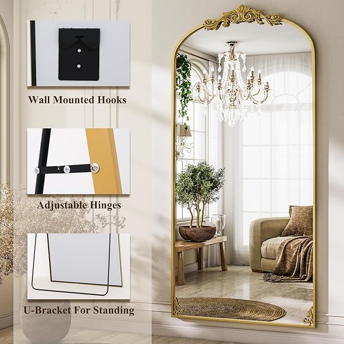 GLSLAND 77"x 38" Vintage Full Length Mirror - Large Carved Floor Mirror with Metal Frame Baroque Arched Full Body Mirrors for Bathroom/Living Room/Entryway,Gold