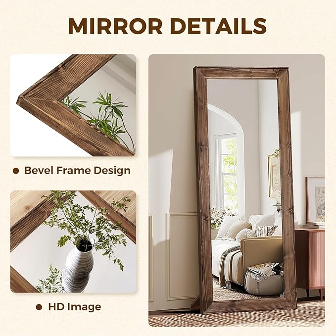 Full Length Mirror 65"x22" - Beveled Edge Rustic Brown Dressing Mirror, Solid Wood Frame, Wall Mounted or Standing for Bedroom, Entryway, Living Room