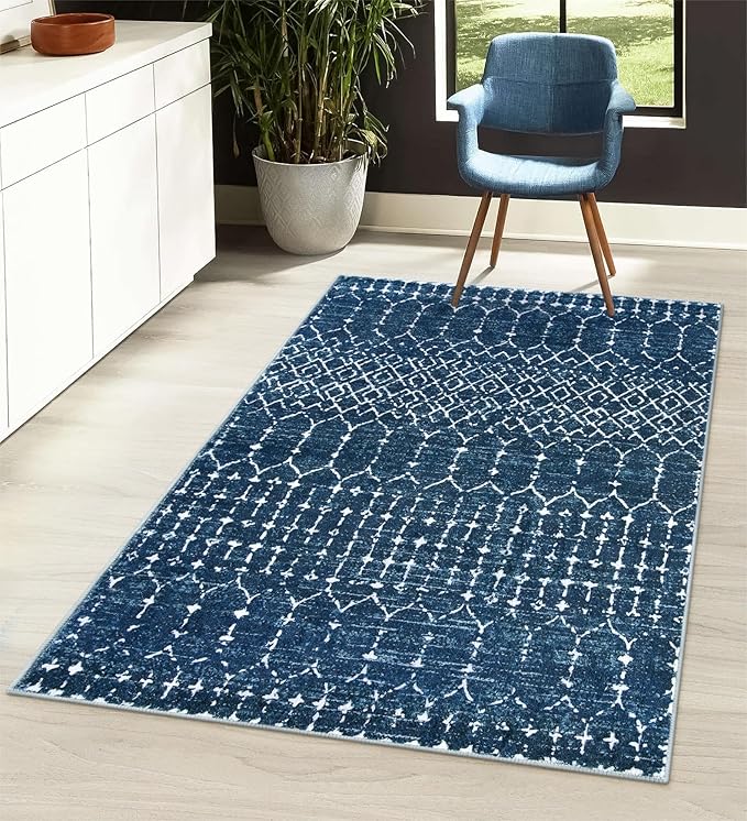 Lahome Moroccan Blue 3x5 Non-Slip Washable Soft Rug for Bedroom Floor Throw, Geometric Print Distressed Indoor Modern Rug for Entryway, Dining Room, Bathroom Hana