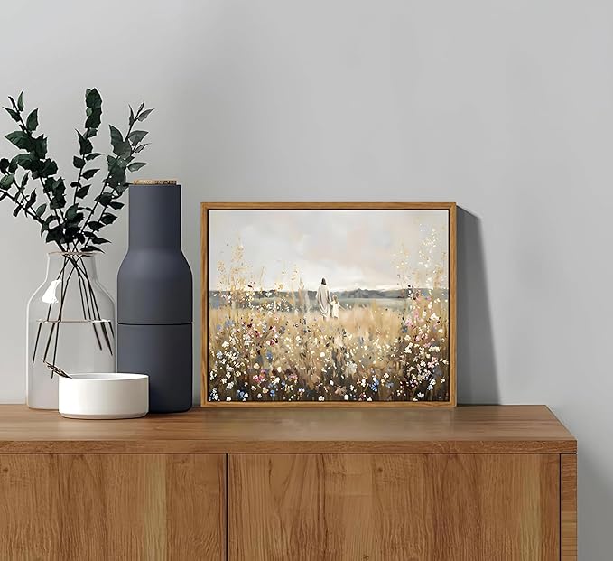 Framed Jesus Canvas Wall Art Jesus and Little Girl Walking in Flower Field Painting Pictures Christian Wildflowers Prints Religious Home Wall Decor for Living Room Bedroom Office Church