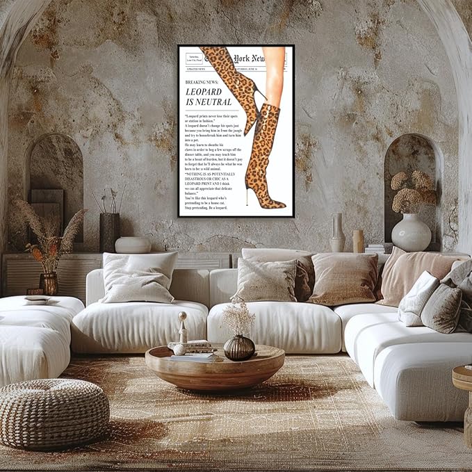Trendy Newspaper Posters Vintage Leopard Boots Poster Feminist Canvas Prints Retro Fashion Bar Cart Magazine Cover Wall Art for Hot Girl Preppy Y2k Aesthetic Room Home Decor 24x36inch black framed