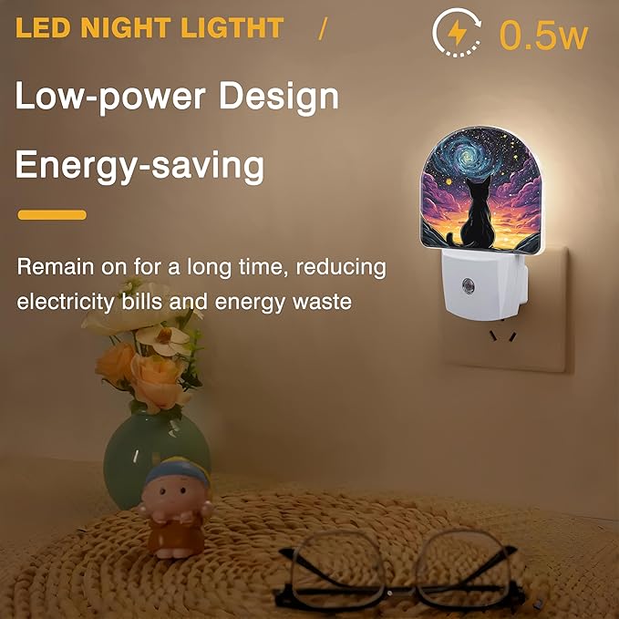 Van Gogh Starry Night Night Light, Black Cat Night Lights Plug into Wall Dusk to Dawn Sensor Round Nightlight for Women Men Energy Efficient Led Lamp 0.5W for Stairway Hallway Bedroom