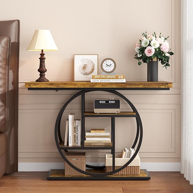 Entryway Table for Foyer,47.2 Inch Industrial Narrow Console Table,Accent Decor Living Room Furniture,Hallway & Sofa Table for Entrance,4-Tier Storage Shelves,Metal Frame,Thick Wood Top