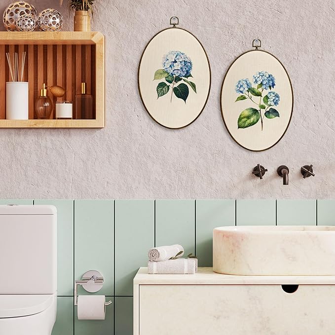 JQF Blue Hydrangea Floral Oval Wall Decor, Cottagecore Floral Botanical Oval Canvas Wall Art, Neutral Antique Flower Framed Prints Hanging Decor for Home Bedroom Living Room, 8.5x11.5 Inch Set of 2