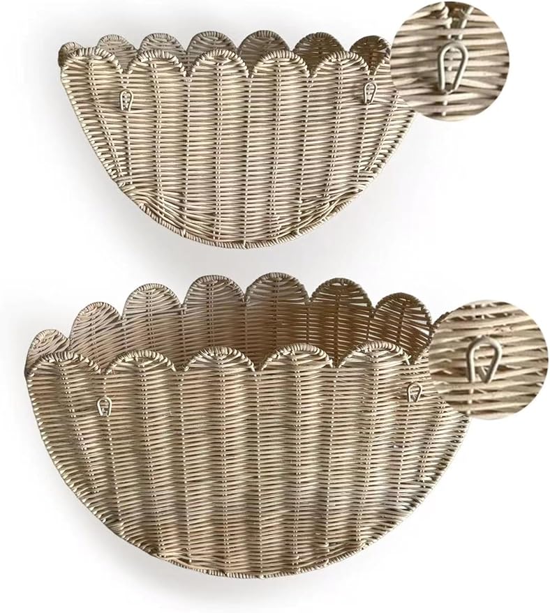 2pcs woven wall baskets,scalloped wall basket,hanging basket,16" x 10" x 7"In & 14" x 8" x 6"In