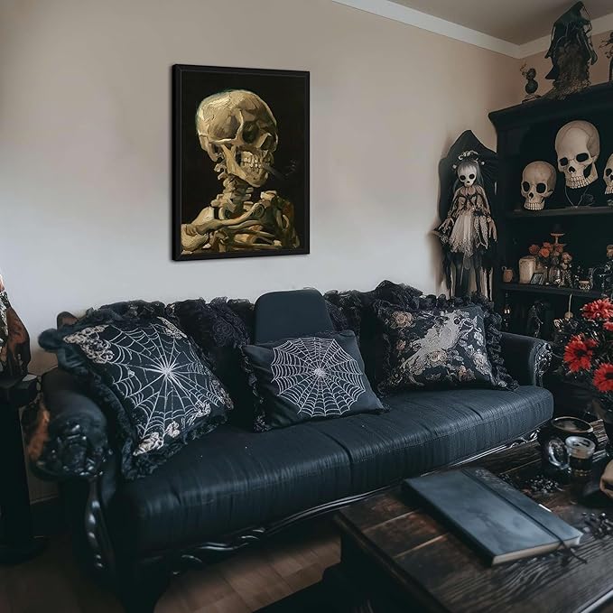 Framed Vincent Van Gogh Skull with Cigarette Canvas Wall Art - Skeleton Paintings Wall Decor, Post-Impressionism Gothic Picture Aesthetic for Halloween Decor Bedroom Living Room Artwork 16x24 inch