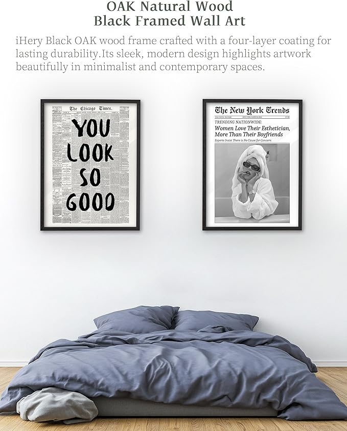 iHery Premium Natural Black OAK Wood 12x16in You Look So Good Trendy Inspirational Framed Wall Art, Vintage Girl Newspaper Motivational Canvas Wall Decor For Dorm Bedroom Living Room Posters 1Pack