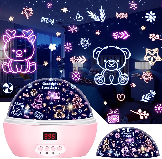 MOKOQI Kid Unicorn Night Light for Girls, and Baby Bear Night Lights Rotating Light Projector with Timer Color Changing Birthday Gifts for 3-5-10 Year Old Girls