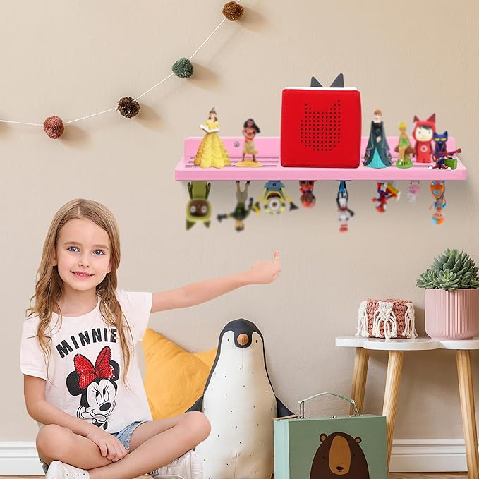 For Tonies Figures Shelf Magnetic,for Tonie Box Wall Shelves,for Tonies Characters Organizer Audio Toy Storage (Holds 36 Figurines),Compatible Charging Station for Children Kid's Room,Oak Wood,Pink