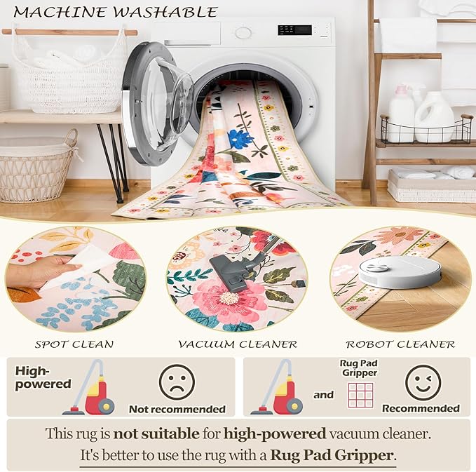 RELEANY Floral Nursery Square 8ft Area Rugs Washable Print Boho Cute Carpet Non Slip Flower Low Pile for Living Room Kids Girls Playroom Bedroom Kitchen Office Farmhouse-Pink