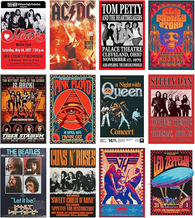 Woonkit Vintage Rock Band Posters for Room Aesthetic, 70s 80s 90s Retro Music Room Wall Bedroom Decor Art, Vintage Rock Concert Poster Wall Collage, Old Music Album Cover Prints (12 SET B, 7.8X11.8 INCH)