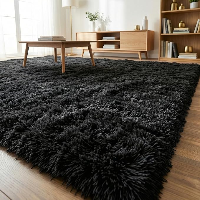 Large Area Rugs for Living Room, 9x11 Soft Fluffy Shaggy Rug, Machine Washable Non-Slip Plush Fuzzy Indoor Carpet, Aesthetic Home Decor for Bedroom, Kids Room, Nursery, Dorm, Black