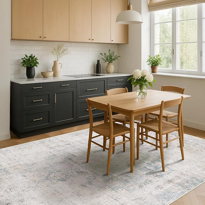 Hazo Haus Light Blue Farmhouse Area Rug for Bedroom - 6x8 Washable Rug for Dining Room Table, Ultra-Thin Soft Textured Dusty Blue Boho Indoor Decor, Fade & Stain Resistant