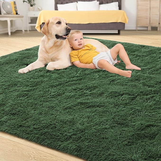 Tepook Fluffy Large Rugs for Living Room, 8x10 Area Rugs for Bedroom, Modern Shag Fuzzy Carpets for Kids Boys Girls, Plush Indoor Nursery Home Decor Rug with Non-Slip Bottom, Dark Green