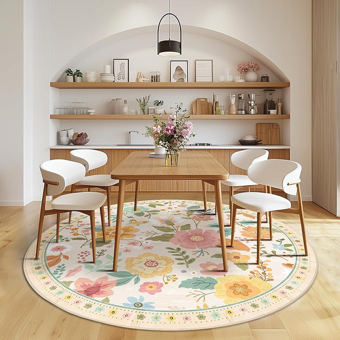 RELEANY Floral Nursery 4ft Area Rugs Washable Print Boho Cute Carpet Non Slip Flower Low Pile for Living Room Kids Girls Playroom Bedroom Kitchen Office Farmhouse-Beige/White/Orange